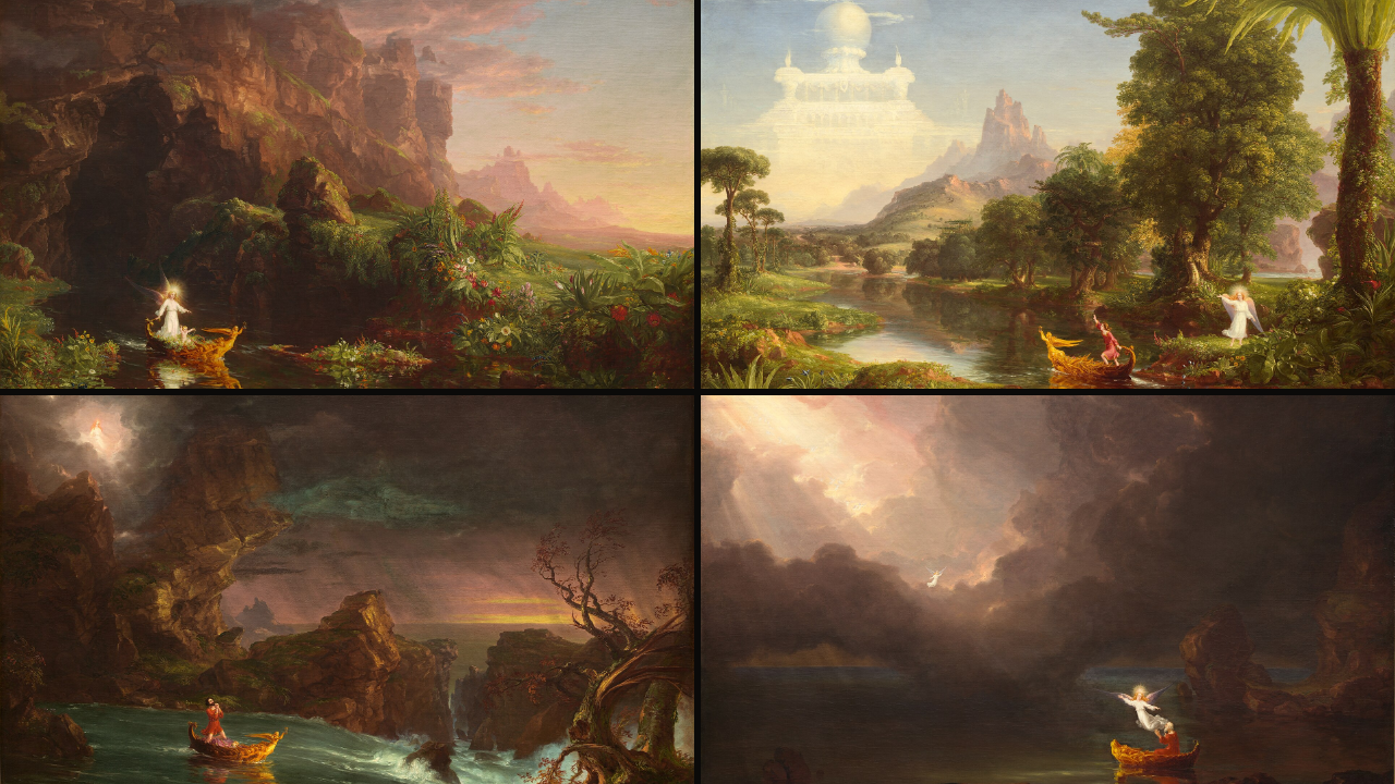 Los cuatro cuadros de El viaje de la vida, de Thomas Cole: infancia, juventud, madurez y vejez